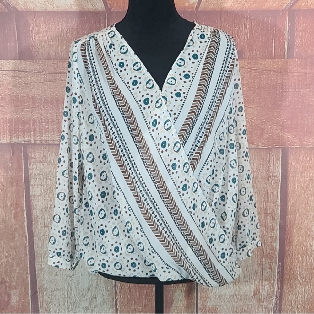 Fun 2 Fun Geometric Print Blouse in Cream and Brown
